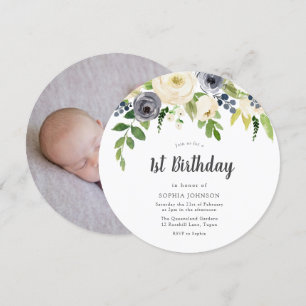 White & Navy Flowers Baby Foto 1e verjaardag Kaart