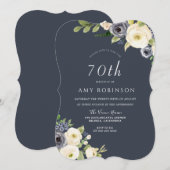 White & Navy Flowers Mooi 70th Birthday Party Kaart (Voorkant / Achterkant)