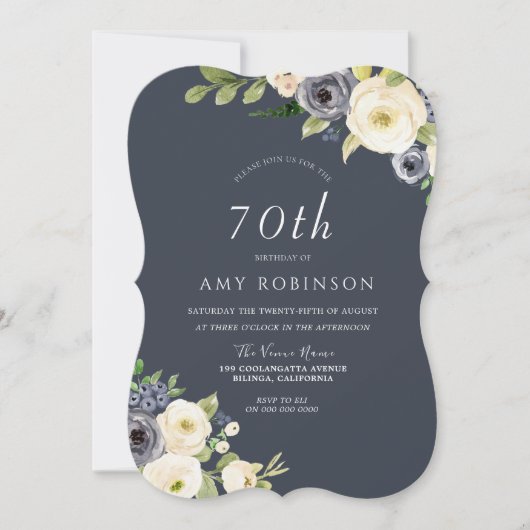 White & Navy Flowers Mooi 70th Birthday Party Kaart (Voorkant)