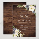 White & Navy Flowers Rustic 60th Birthday Party Kaart (Voorkant / Achterkant)