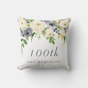 White & Navy Flowers vrouwen 100th Birthday Gift Kussen