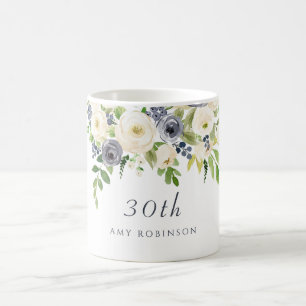 White & Navy Flowers Womans 30th Birthday Gift Koffiemok