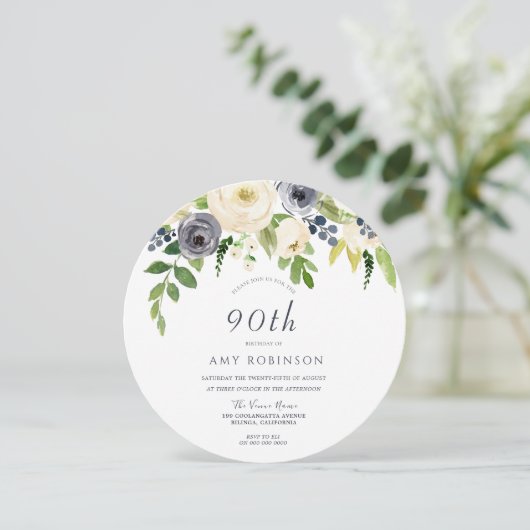 White & Navy Flowers Womans 90th Birthday Party Kaart (Staand voorkant)