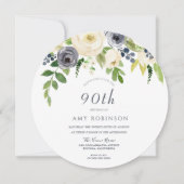 White & Navy Flowers Womans 90th Birthday Party Kaart (Voorkant)