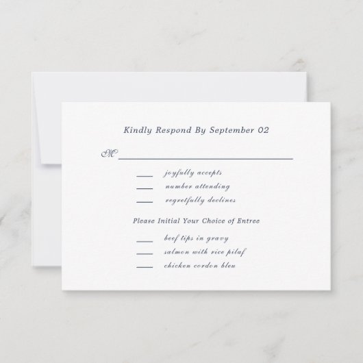 White Navy Script Menu Selection Wedding RSVP  (Devant)