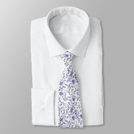 White neck tie with elegant blue floral pattern  stropdas