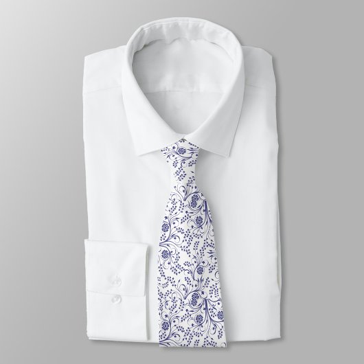White neck tie with elegant blue floral pattern  stropdas