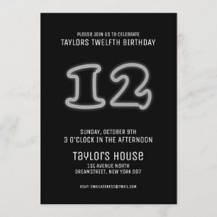 White Neon Sign 12th Trendy Birthday Party Kaart