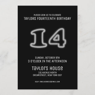White Neon Sign 14th Trendy Birthday Party Kaart