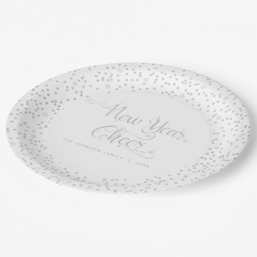 White New Year Cheer Silver Snowflake Script Papieren Bordje (Gekanteld)