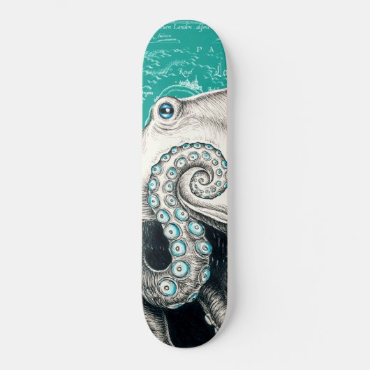 White Octopus  Map Blauwgroen Skateboard (Voorkant)