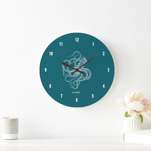 White octopus on custom turquoise background monog grote klok (Huis)
