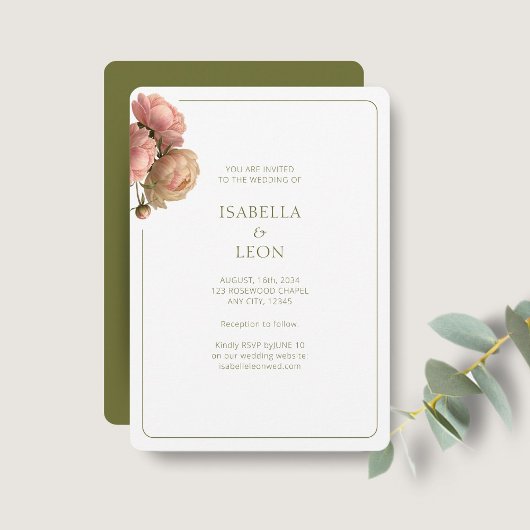 White & Olive | Blush Rose Wedding Invitation