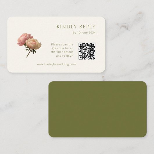 White & Olive | Chic Rose Wedding RSVP QR Code Informatiekaartje (Voorkant / Achterkant)