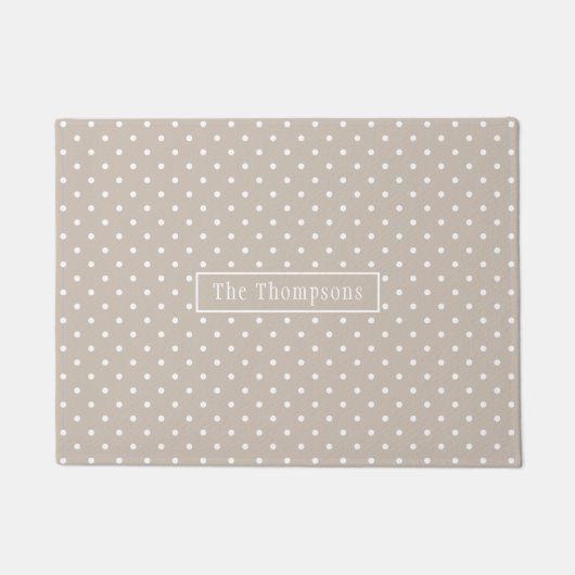 White On Beige Polka Dots Pattern With Custom Name Deurmat (Voorkant)