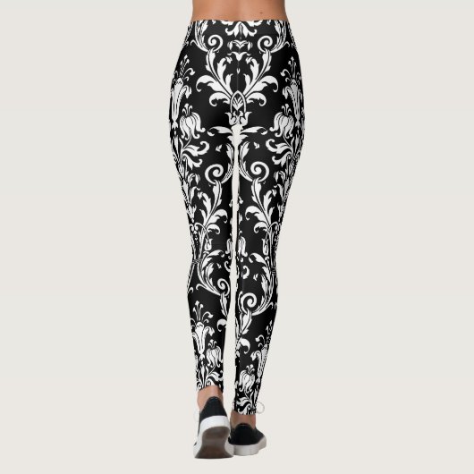 White on Black Floral Swirls Damask Leggings (Achterkant)