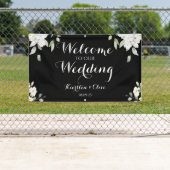 White on Black Floral Welkom op onze bruiloft Spandoek (Insitu)