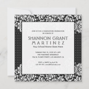 White on Black Flowers-Elegant Afstudeerder Invite Kaart