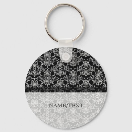 White on Black Geometric Pattern Swirls Sleutelhanger (Voorkant)
