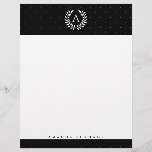 White On Black Laurel Monogram Polka Dot Pattern Briefhoofd (Voorkant)