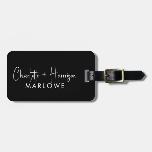 White On Black Monogram Handwritten Script Names Bagagelabel (Voorkant horizontaal)