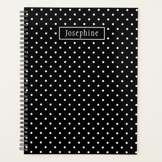 White On Black Polka Dots Pattern With Custom Name Planner (Voorkant)
