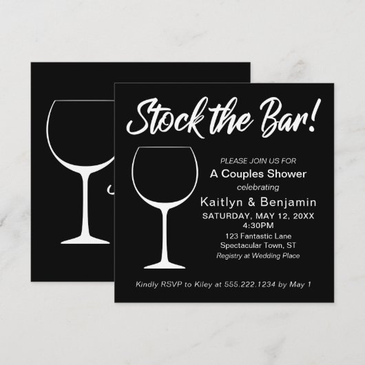 White on Black Stock the Bar Script Couples Shower Kaart (Voorkant / Achterkant)