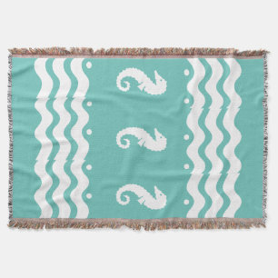 WHITE on blauwgroen aqua BLUE ZEE HORSE kustwoon Deken