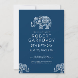 White on Blue Floral Elephant Invitation Kaart