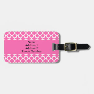 White on Hot Pink Quatrefoil Pattern Bagagelabel