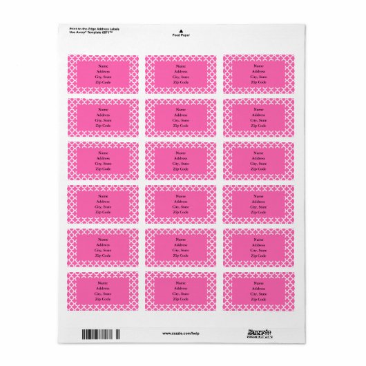White on Hot Pink Quatrefoil Pattern Etiket (Full Sheet)