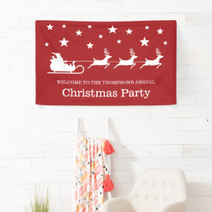 White on Red Santa Sleigh & Stars kerstparty Spandoek