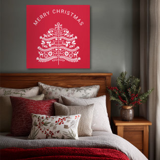 White on Red Scandinavian Nordic Christmas Tree Canvas Afdruk