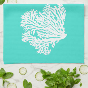 White on Turquoise Coastal Decor Coral Theedoek