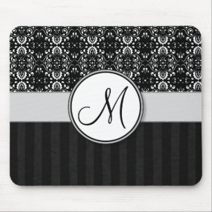 White op Black Damask en Stripes met Monogram Muismat