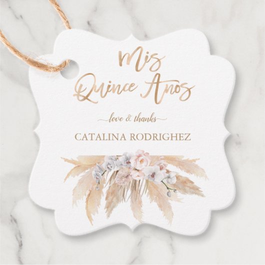 White Orchid Blush Rozen Pampas Grass Quinceañera Bedankjes Labels (Voorkant)