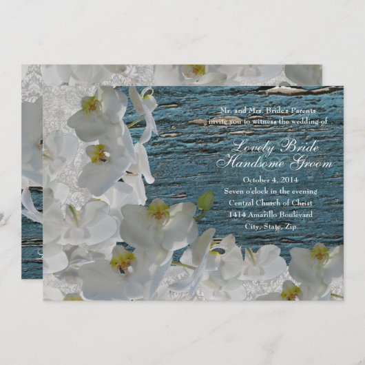 White Orchids Blue Wood Damask Weduwuitnodiging Kaart (Voorkant / Achterkant)