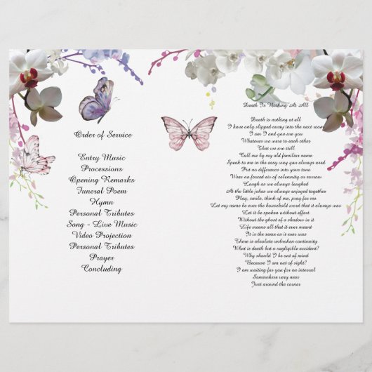 White Orchids Butterfly Funeral Programme Flyer (Achterkant)