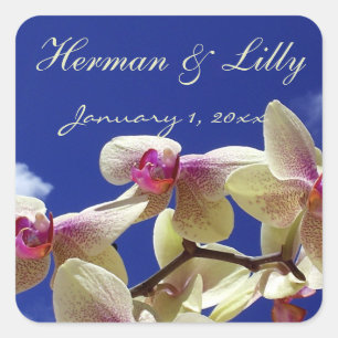 White Orchids en Blue Sky Personalized Wedding Vierkante Sticker