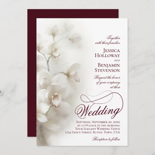 White Orchids Fancy Script QR Code Wedding Kaart (Voorkant / Achterkant)
