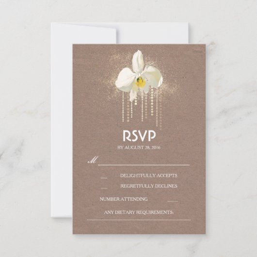 White Orchids Gold Glam Wedding RSVP Kaart (Voorkant)
