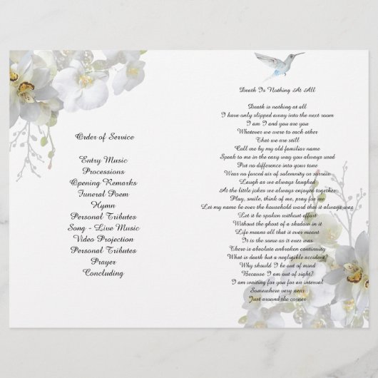 White Orchids Hummingbird Funeral Programme Flyer (Achterkant)
