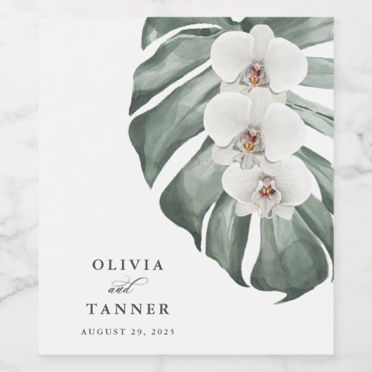 White Orchids on Monstera Tropical Paradise Wijn Etiket (Enkel label)
