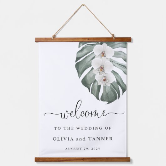 White Orchids on Monstera Tropical Weddenschap Wel Hangend Wandkleed (Voorkant)