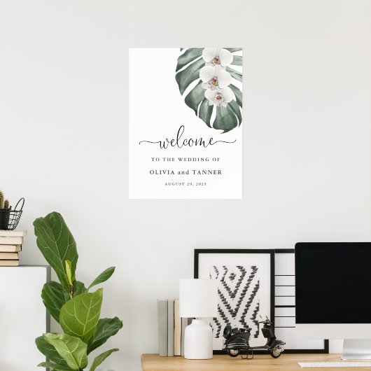 White Orchids on Monstera Tropical Weddenschap Wel Poster (Thuiskantoor)