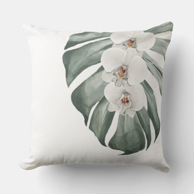 White Orchids Tropical Waterverf Floral Kussen (Voorkant)