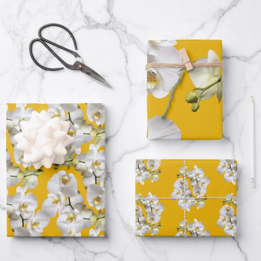 White Orchids Yellow Gold Wrapping Paper Sheets (Voorkant)