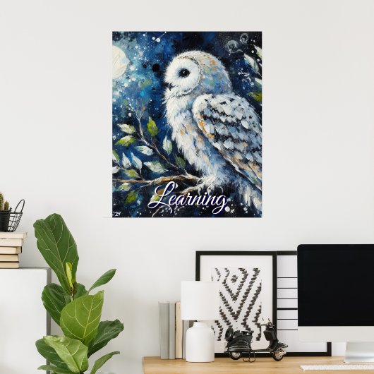 White Owl On Branch Moonlight Personalized Paper Poster (Thuiskantoor)