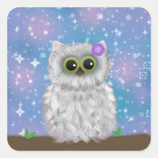 White Owl Painting on Blue Glittery / Snowy Sky Vierkante Sticker