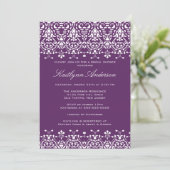 White & Paars Damask Bridal Shower Invitation Kaart (Staand voorkant)